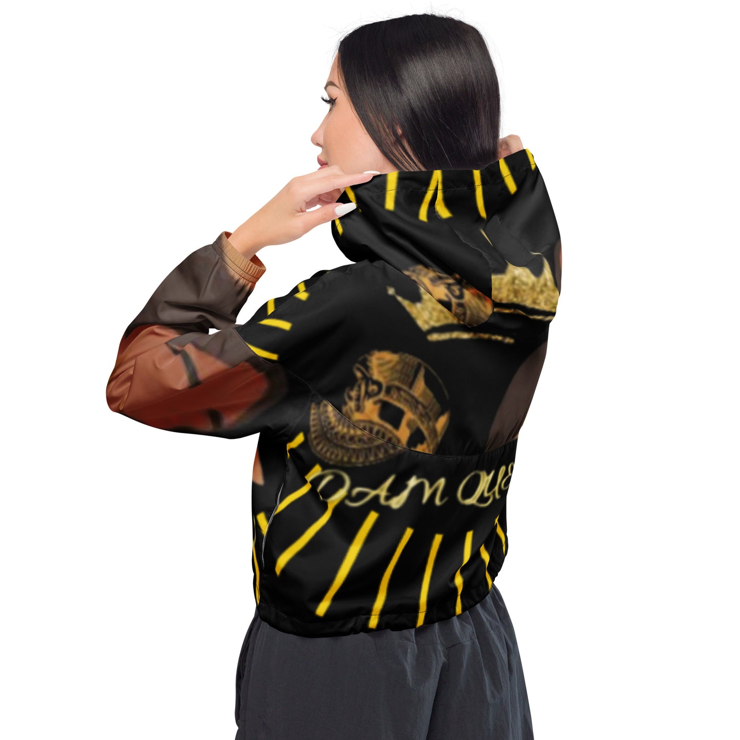 DamQueen Majestic Royalty Black Gold Women’s Cropped Windbreaker