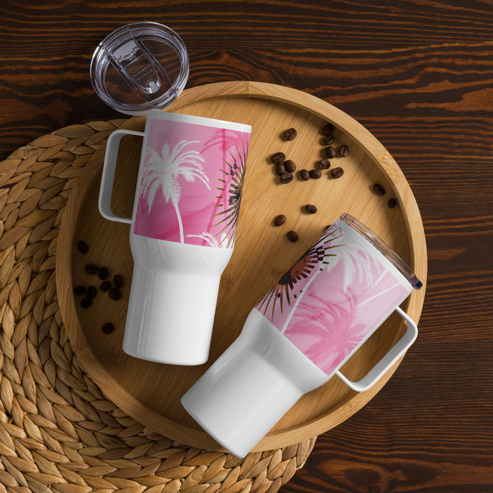 DamQueen Pink Palm Paradise Travel Mug